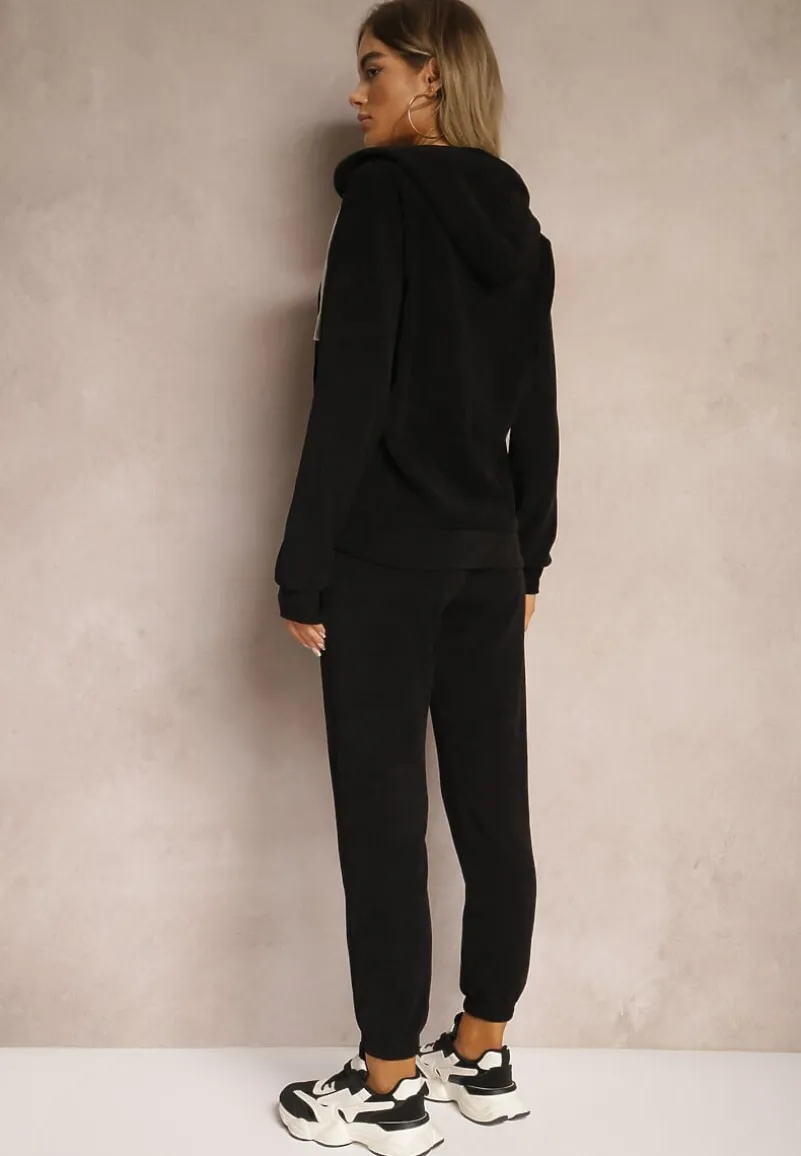 Czarny Komplet Dresowy z Dodatkiem Bawełny Spodnie z Gumką w Talii Bluza z Kapturem Jaseria