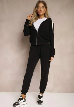 Czarny Komplet Dresowy z Dodatkiem Bawełny Spodnie z Gumką w Talii Bluza z Kapturem Jaseria