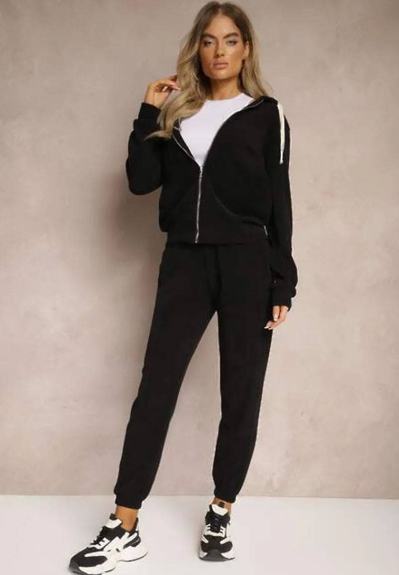 Czarny Komplet Dresowy z Dodatkiem Bawełny Spodnie z Gumką w Talii Bluza z Kapturem Jaseria