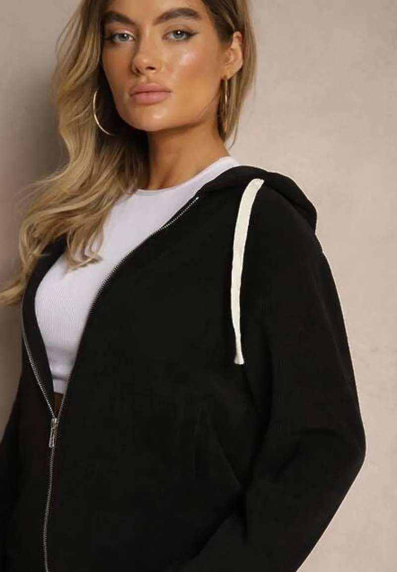 Czarny Komplet Dresowy z Dodatkiem Bawełny Spodnie z Gumką w Talii Bluza z Kapturem Jaseria