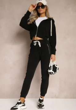 Czarny Komplet Dresowy z Dodatkiem Bawełny Spodnie z Gumką w Talii Bluza z Kapturem Sesaria