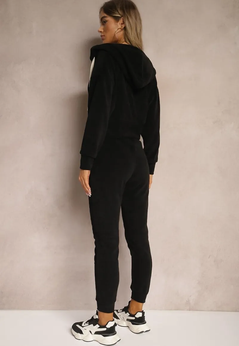 Czarny Komplet Dresowy z Dodatkiem Bawełny Spodnie z Gumką w Talii Bluza z Kapturem Sesaria