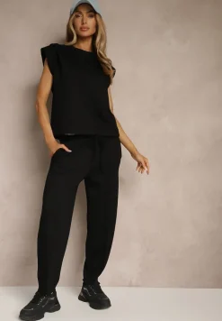 Czarny Komplet Dresowy z Wiskozą Spodnie z Ozdobnym Ściągaczem i Top Nitunela