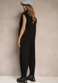 Czarny Komplet Dresowy z Wiskozą Spodnie z Ozdobnym Ściągaczem i Top Nitunela