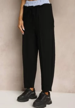 Czarny Komplet Dresowy z Wiskozą Spodnie z Ozdobnym Ściągaczem i Top Nitunela