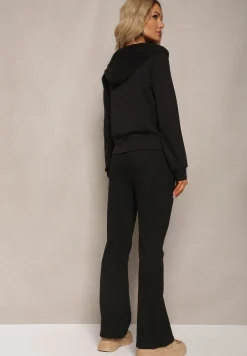 Czarny Komplet Dresowy z Bawełny Spodnie Dzwony i Rozpinana Bluza z Kapturem Auim