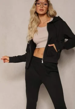 Czarny Komplet Dresowy z Bawełny Spodnie Dzwony i Rozpinana Bluza z Kapturem Auim