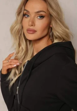 Czarny Komplet Dresowy z Bawełny Spodnie Dzwony i Rozpinana Bluza z Kapturem Auim