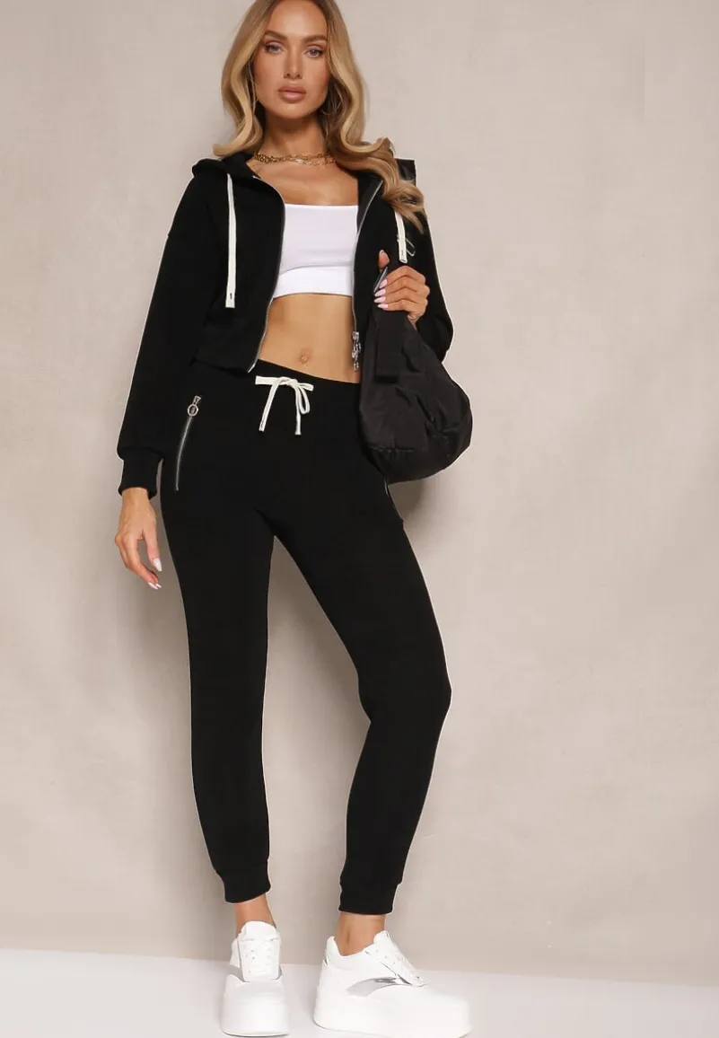 Czarny Komplet Dresowy z Bawełny Bluza z Kapturem i Spodnie Slim Inerisa