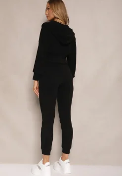 Czarny Komplet Dresowy z Bawełny Bluza z Kapturem i Spodnie Slim Inerisa