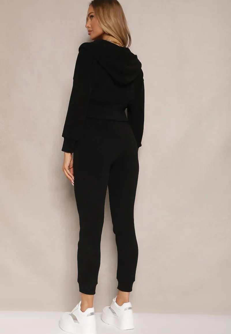 Czarny Komplet Dresowy z Bawełny Bluza z Kapturem i Spodnie Slim Inerisa