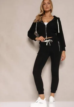 Czarny Komplet Dresowy z Bawełny Bluza z Kapturem i Spodnie Slim Inerisa