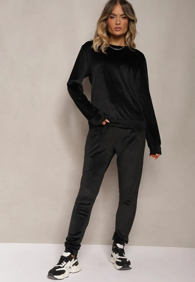 Czarny Komplet Dresowy z Bawełną Bluzka i Spodnie z Troczkami Evildra