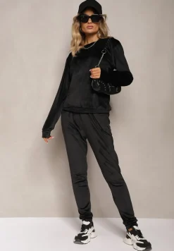 Czarny Komplet Dresowy z Bawełną Bluzka i Spodnie z Troczkami Evildra