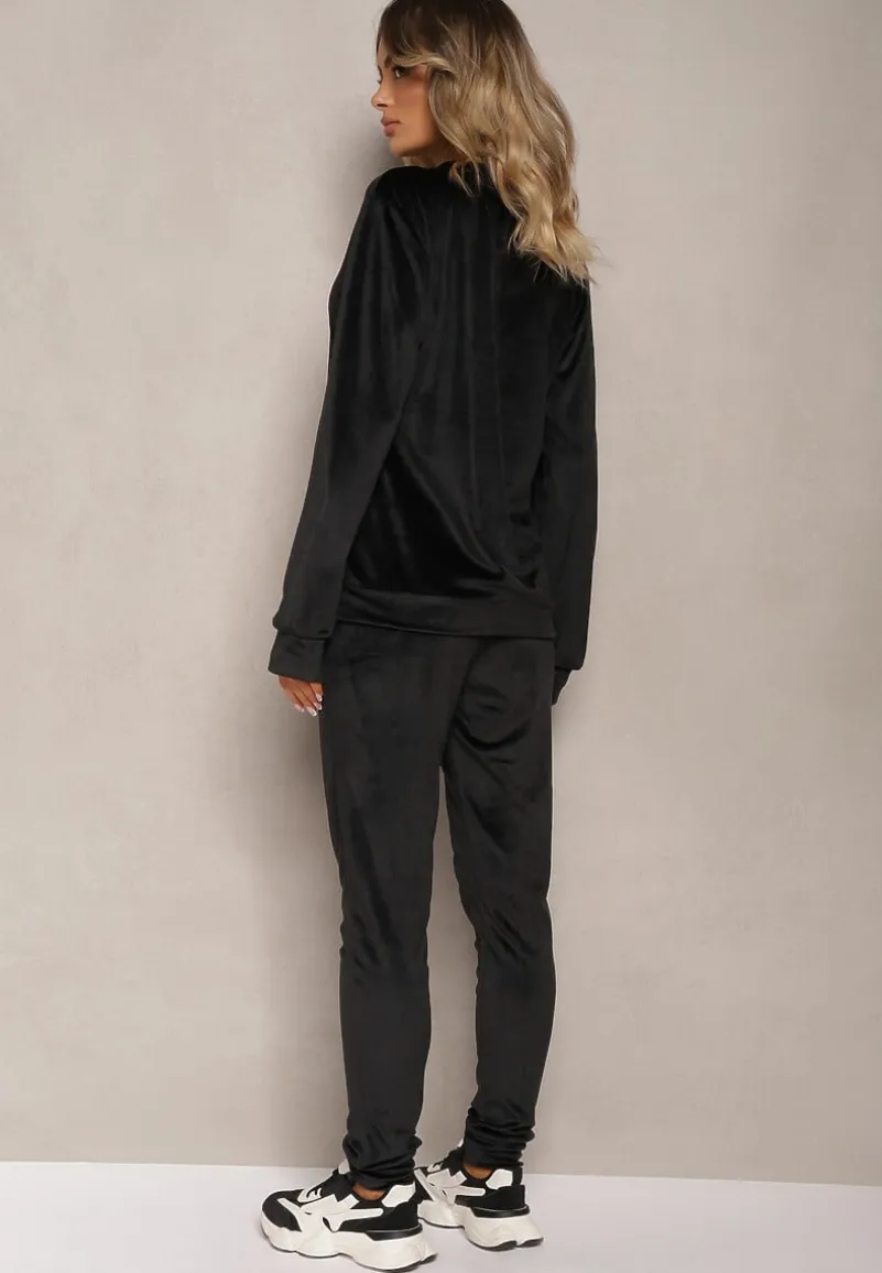 Czarny Komplet Dresowy z Bawełną Bluzka i Spodnie z Troczkami Evildra