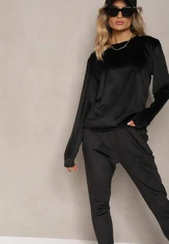 Czarny Komplet Dresowy z Bawełną Bluzka i Spodnie z Troczkami Evildra