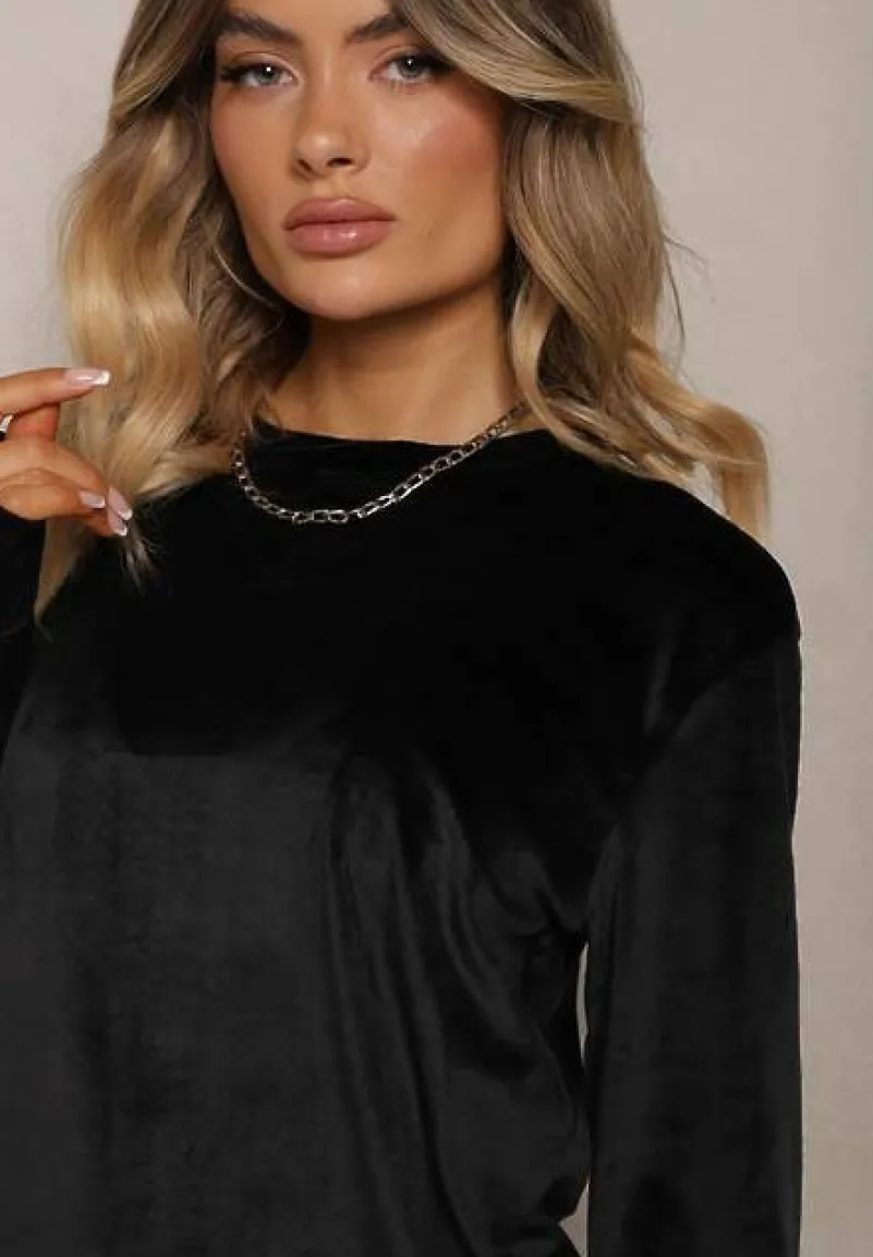 Czarny Komplet Dresowy z Bawełną Bluzka i Spodnie z Troczkami Evildra