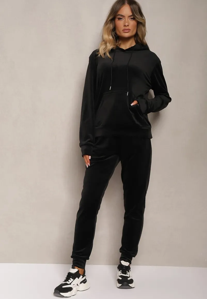 Czarny Komplet Dresowy z Weluru Spodnie z Gumką w Pasie i Bluza z Kapturem Lelaria