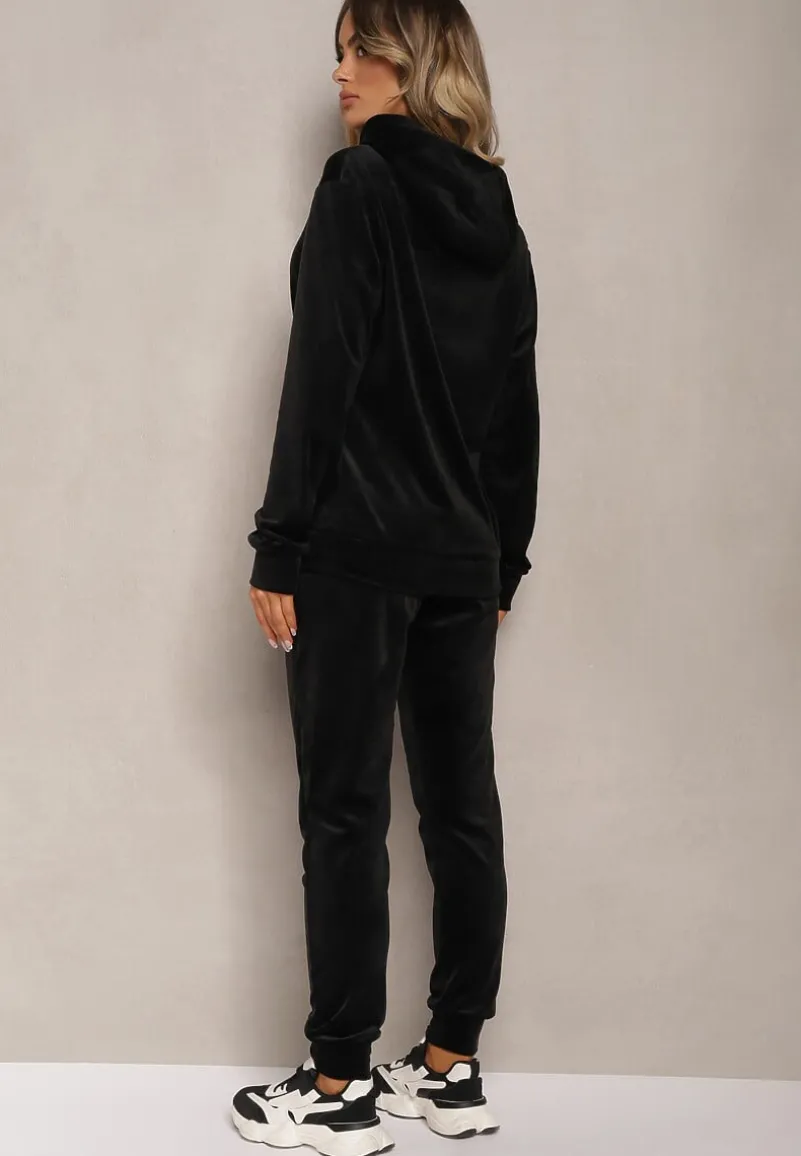 Czarny Komplet Dresowy z Weluru Spodnie z Gumką w Pasie i Bluza z Kapturem Lelaria