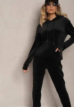 Czarny Komplet Dresowy z Weluru Spodnie z Gumką w Pasie i Bluza z Kapturem Lelaria