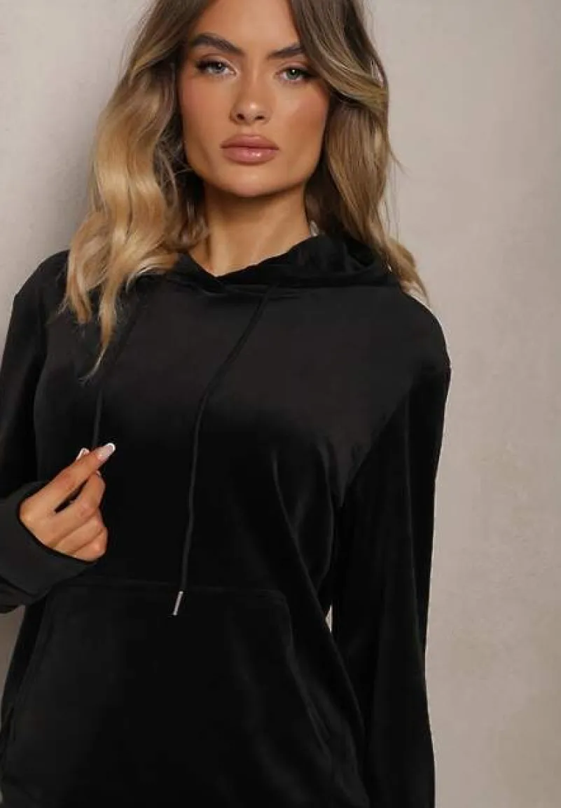 Czarny Komplet Dresowy z Weluru Spodnie z Gumką w Pasie i Bluza z Kapturem Lelaria