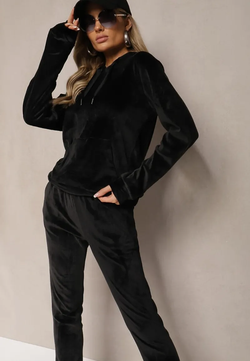 Czarny Komplet Dresowy z Dodatkiem Bawełny Spodnie z Gumką w Pasie Bluza z Kapturem Reseria