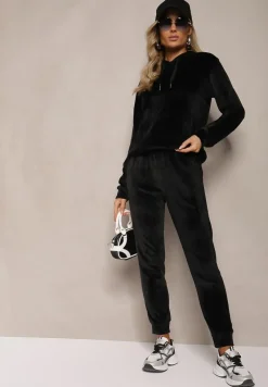 Czarny Komplet Dresowy z Dodatkiem Bawełny Spodnie z Gumką w Pasie Bluza z Kapturem Reseria
