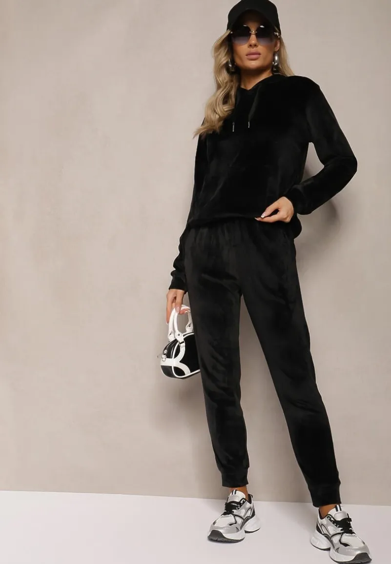 Czarny Komplet Dresowy z Dodatkiem Bawełny Spodnie z Gumką w Pasie Bluza z Kapturem Reseria