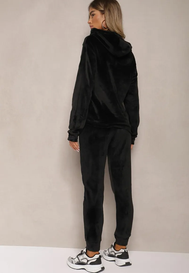 Czarny Komplet Dresowy z Dodatkiem Bawełny Spodnie z Gumką w Pasie Bluza z Kapturem Reseria