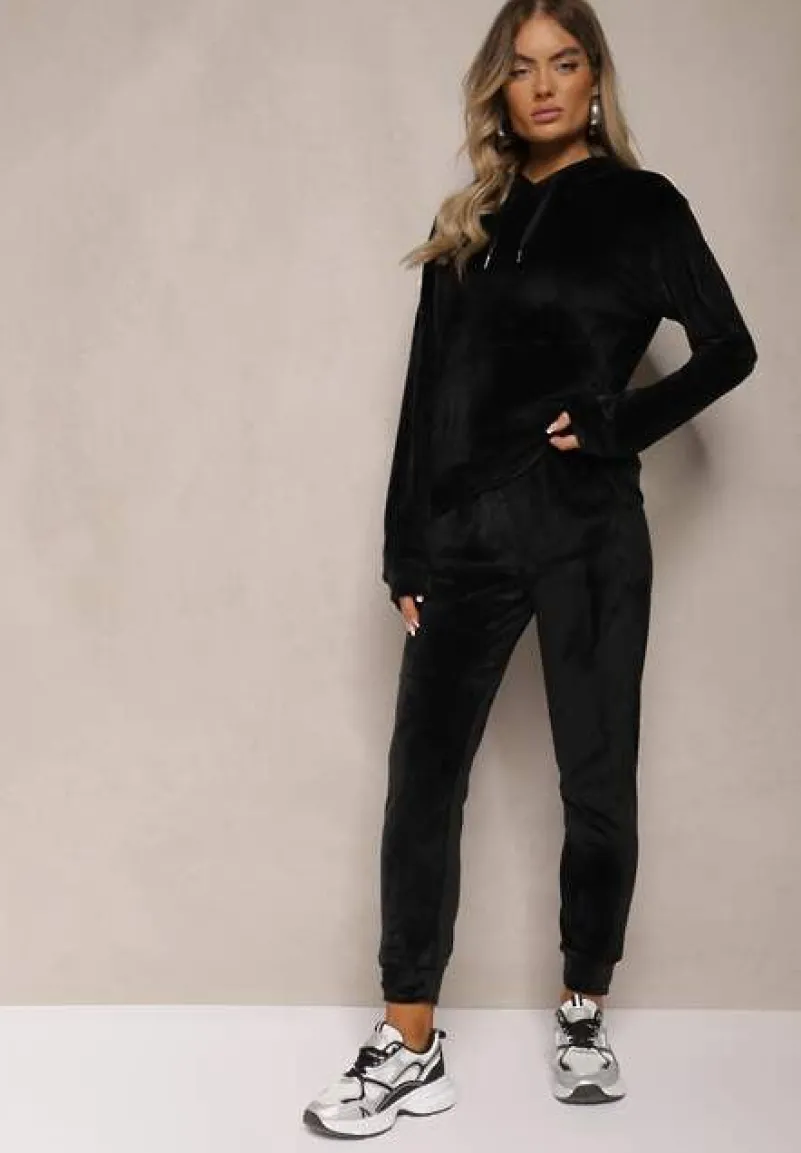 Czarny Komplet Dresowy z Dodatkiem Bawełny Spodnie z Gumką w Pasie Bluza z Kapturem Reseria