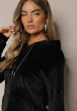 Czarny Komplet Dresowy z Dodatkiem Bawełny Spodnie z Gumką w Pasie Bluza z Kapturem Reseria