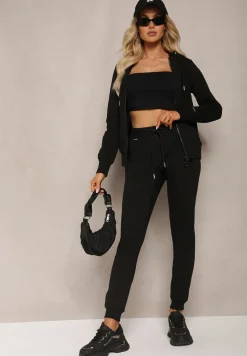 Czarny Komplet Dresowy Zasuwana Bluza z Kapturem i Proste Spodnie Junine