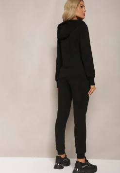 Czarny Komplet Dresowy Zasuwana Bluza z Kapturem i Proste Spodnie Junine