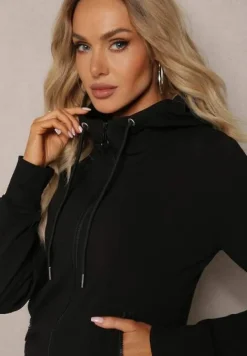 Czarny Komplet Dresowy Zasuwana Bluza z Kapturem i Proste Spodnie Junine