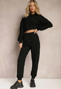 Czarny Komplet Dresowy ze Spodniami Joggerami i Bluzą z Kapturem Fomstia