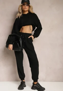 Czarny Komplet Dresowy ze Spodniami Joggerami i Bluzą z Kapturem Fomstia