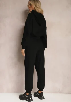 Czarny Komplet Dresowy ze Spodniami Joggerami i Bluzą z Kapturem Fomstia