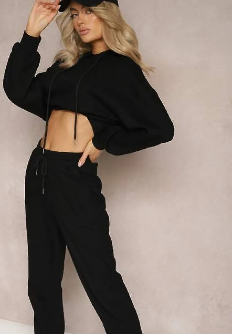 Czarny Komplet Dresowy ze Spodniami Joggerami i Bluzą z Kapturem Fomstia