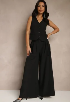 Czarny Komplet Garniturowy z Kamizelką i Spodniami o Szerokim Kroju Ravirana