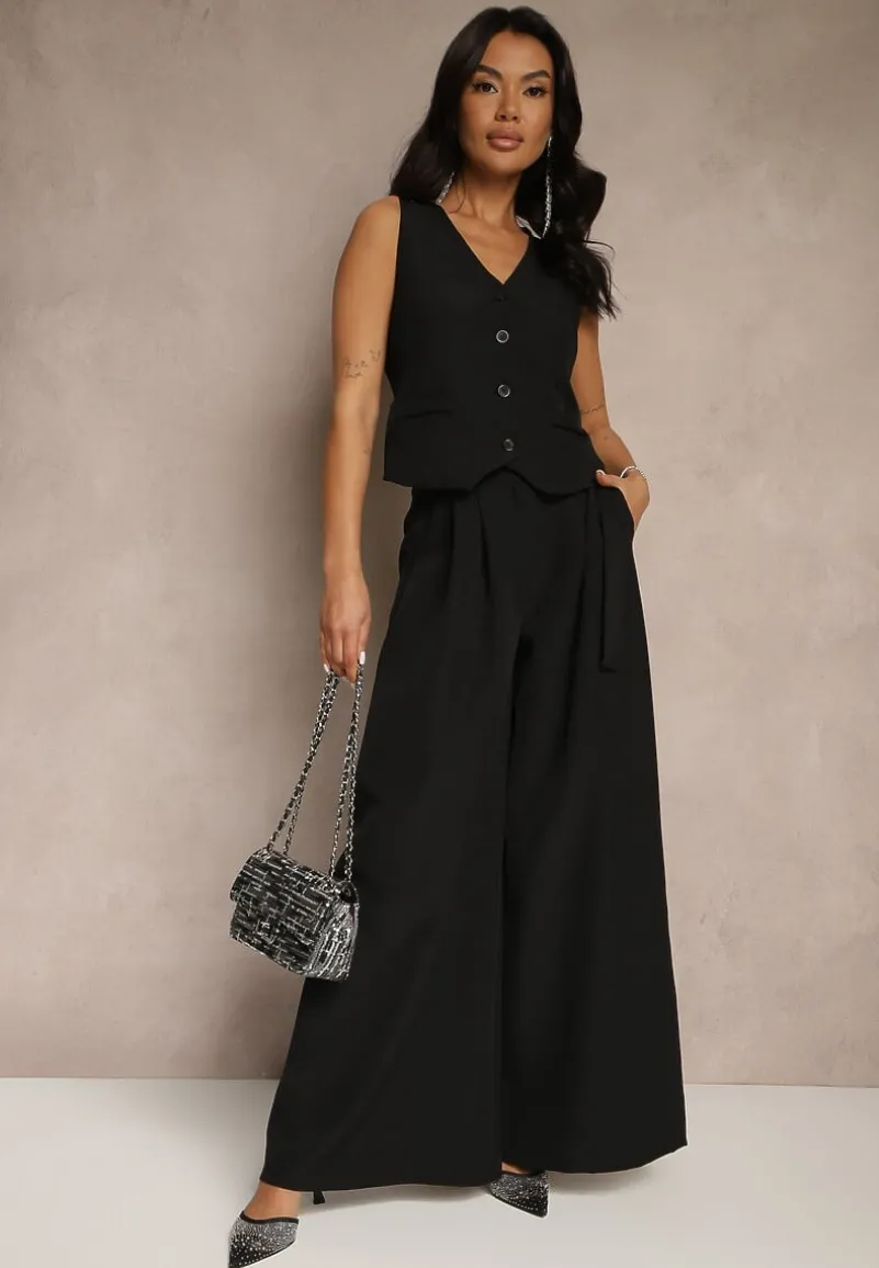 Czarny Komplet Garniturowy z Kamizelką i Spodniami o Szerokim Kroju Ravirana