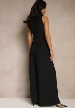 Czarny Komplet Garniturowy z Kamizelką i Spodniami o Szerokim Kroju Ravirana