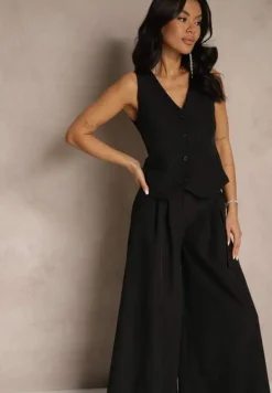 Czarny Komplet Garniturowy z Kamizelką i Spodniami o Szerokim Kroju Ravirana