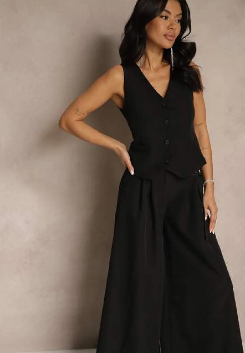 Czarny Komplet Garniturowy z Kamizelką i Spodniami o Szerokim Kroju Ravirana