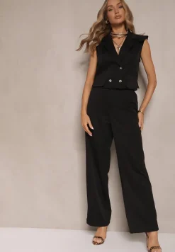 Czarny Komplet Garniturowy Szerokie Spodnie i Kamizelka Dwurzędowa Tirmoi
