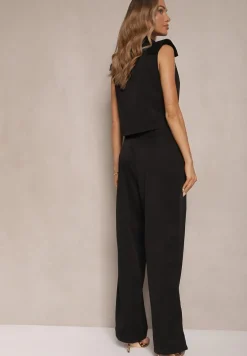 Czarny Komplet Garniturowy Szerokie Spodnie i Kamizelka Dwurzędowa Tirmoi