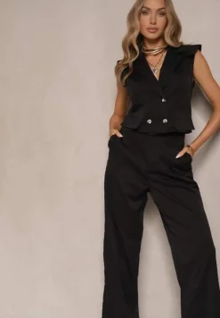Czarny Komplet Garniturowy Szerokie Spodnie i Kamizelka Dwurzędowa Tirmoi