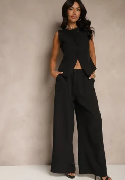 Czarny Komplet Garniturowy Szerokie Spodnie i Kamizelka Ziorene