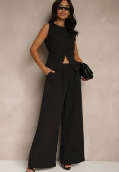 Czarny Komplet Garniturowy Szerokie Spodnie i Kamizelka Ziorene