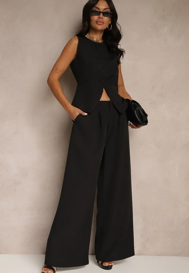 Czarny Komplet Garniturowy Szerokie Spodnie i Kamizelka Ziorene