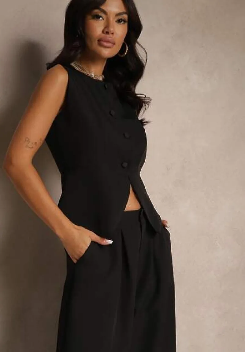 Czarny Komplet Garniturowy Szerokie Spodnie i Kamizelka Ziorene